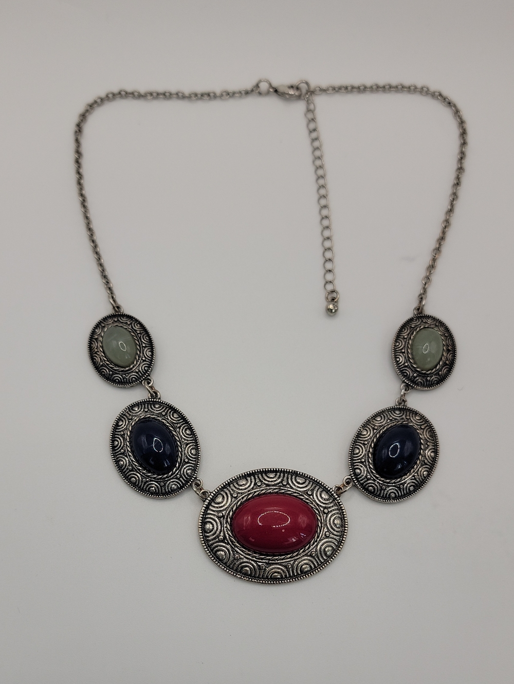 Boho Silver-Tone Multi-Stone Statement Necklace - Pink, Blue & Green
